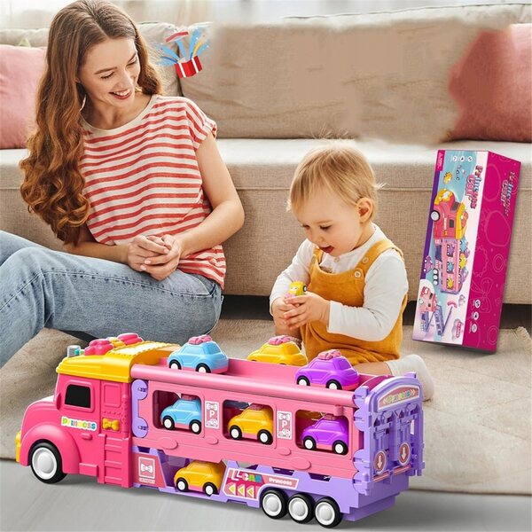 Spielzeugtransporter mit 6 Autos und Doppelschienen mit Licht und Sound für Kinder