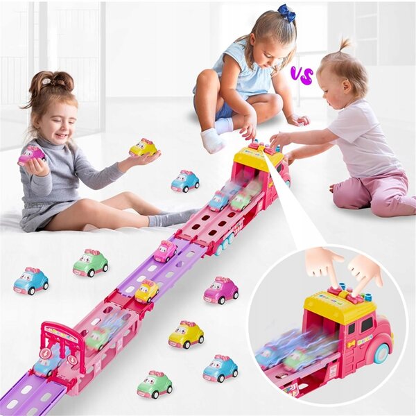Spielzeugtransporter mit 6 Autos und Doppelschienen mit Licht und Sound für Kinder