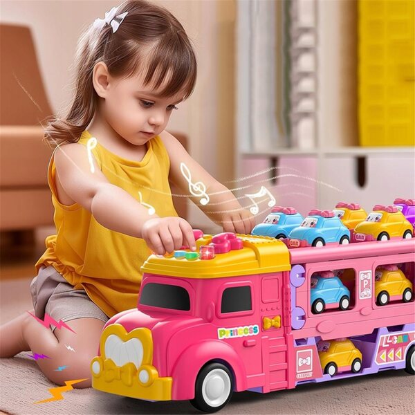 Spielzeugtransporter mit 6 Autos und Doppelschienen mit Licht und Sound für Kinder