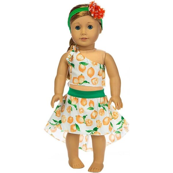 3-teiliges Set mit Kleidung für 18-Zoll-Puppen – Rock mit Blumenmuster, Oberteil mit Schnürung und Halsband