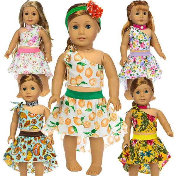 3-teiliges Set mit Kleidung für 18-Zoll-Puppen – Rock mit Blumenmuster, Oberteil mit Schnürung und Halsband