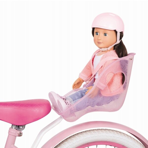 Rosafarbener Fahrradsitz von Our Generation für eine 46 cm große Puppe mit Helm