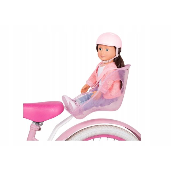 Rosafarbener Fahrradsitz von Our Generation für eine 46 cm große Puppe mit Helm