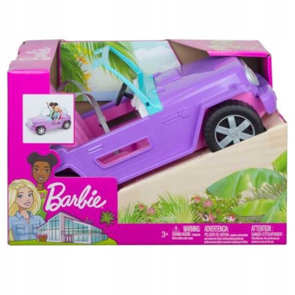 Barbie Beach Jeep für Kinder ab 3 Jahren mit rollenden Rädern und rosa und lila Details