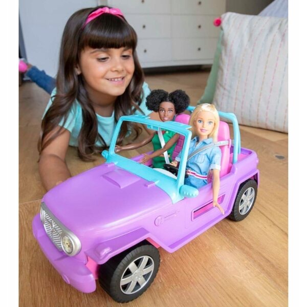 Barbie Beach Jeep für Kinder ab 3 Jahren mit rollenden Rädern und rosa und lila Details