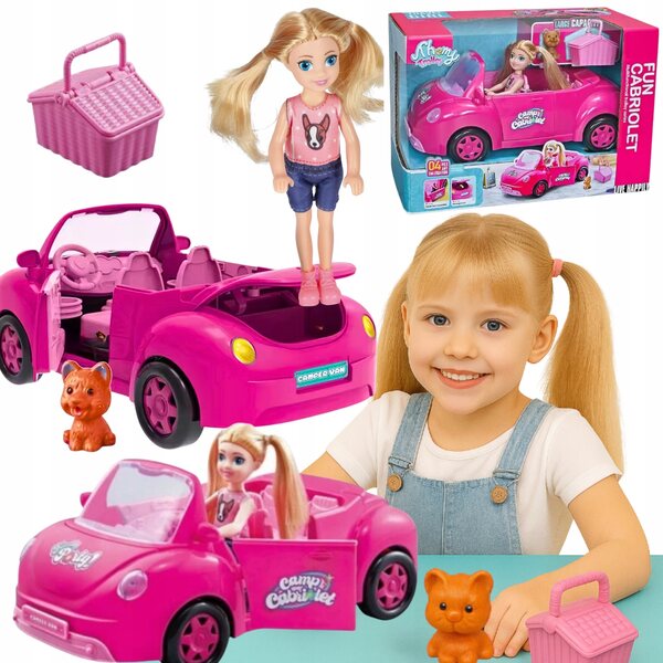 Rosafarbenes Cabriolet-Puppenauto mit Picknick-Set und Hund – Kreativspiel