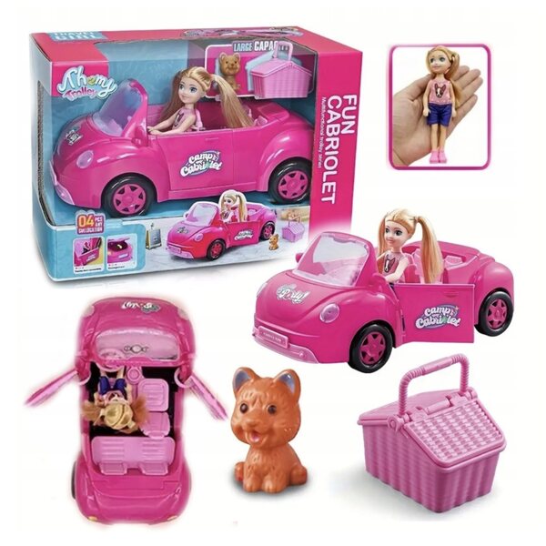 Rosafarbenes Cabriolet-Puppenauto mit Picknick-Set und Hund – Kreativspiel