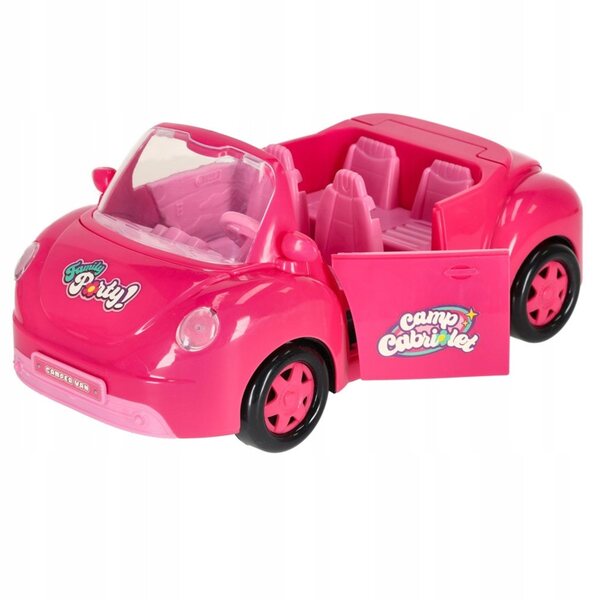Rosafarbenes Cabriolet-Puppenauto mit Picknick-Set und Hund – Kreativspiel