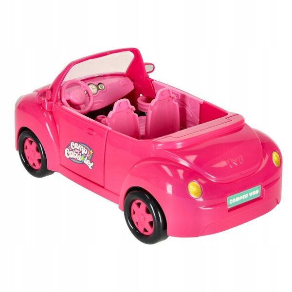 Rosafarbenes Cabriolet-Puppenauto mit Picknick-Set und Hund – Kreativspiel