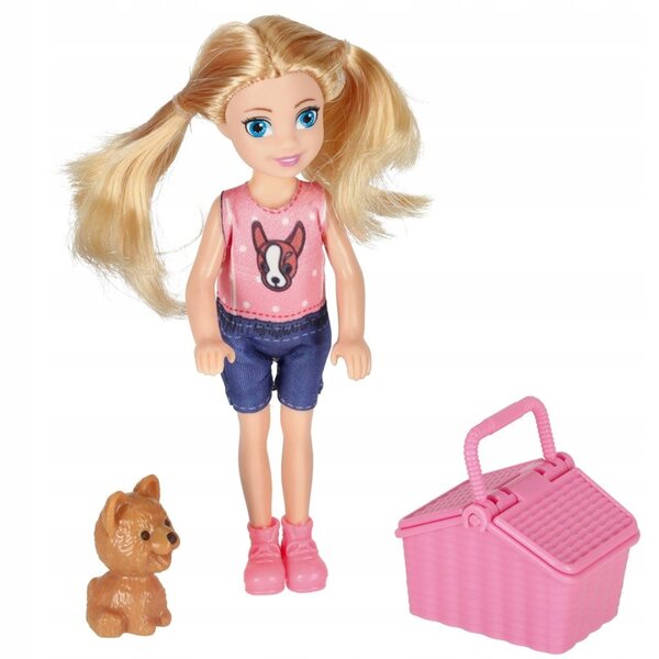 Rosafarbenes Cabriolet-Puppenauto mit Picknick-Set und Hund – Kreativspiel