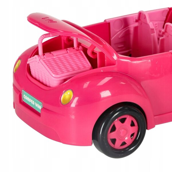 Rosafarbenes Cabriolet-Puppenauto mit Picknick-Set und Hund – Kreativspiel