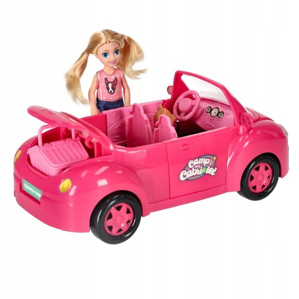 Rosafarbenes Cabriolet-Puppenauto mit Picknick-Set und Hund – Kreativspiel
