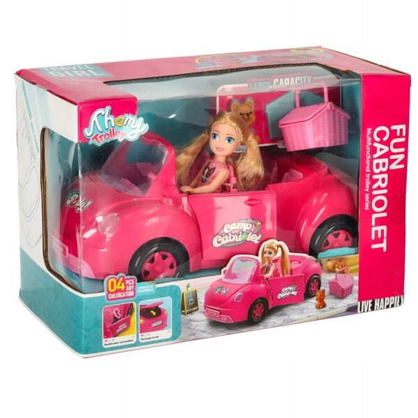 Rosafarbenes Cabriolet-Puppenauto mit Picknick-Set und Hund – Kreativspiel