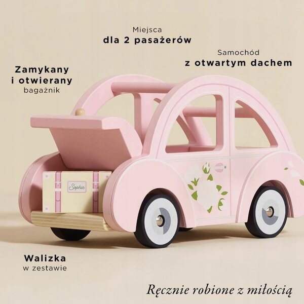 Rosafarbenes Holzauto von Le Toy Van Sophie mit Koffer und aufklappbarem Kofferraum