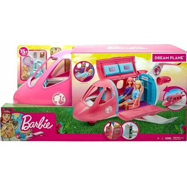 Barbie großes Spielzeugflugzeug mit komplettem Zubehör für Kinder ab 3 Jahren
