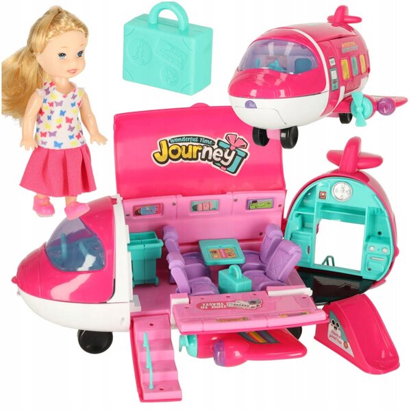 Rosafarbenes 2-in-1-Passagierspielzeugflugzeug für Puppen mit Zubehör, faltbar