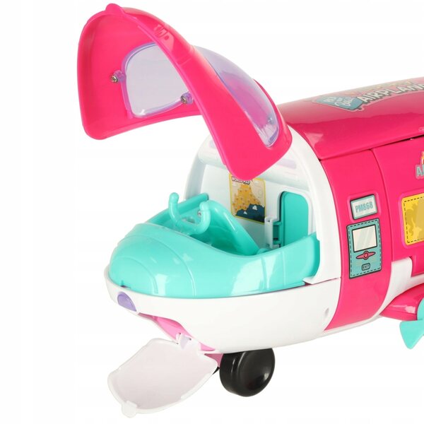 Rosafarbenes 2-in-1-Passagierspielzeugflugzeug für Puppen mit Zubehör, faltbar