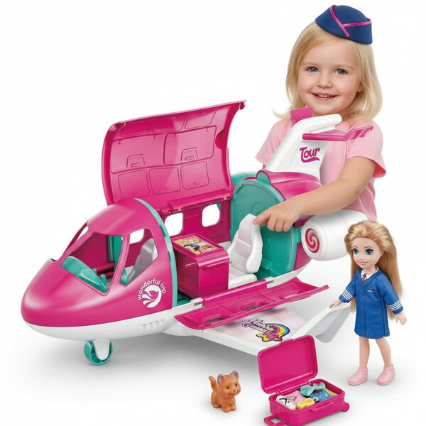 Samolot Odrzutowy Spielzeug mit Pilotenpuppe, Koffer und Kätzchen für Kinder