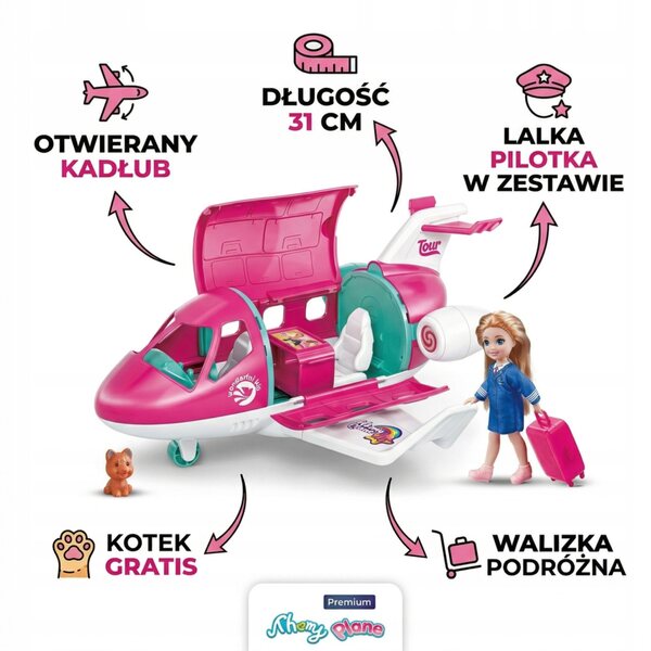Samolot Odrzutowy Spielzeug mit Pilotenpuppe, Koffer und Kätzchen für Kinder