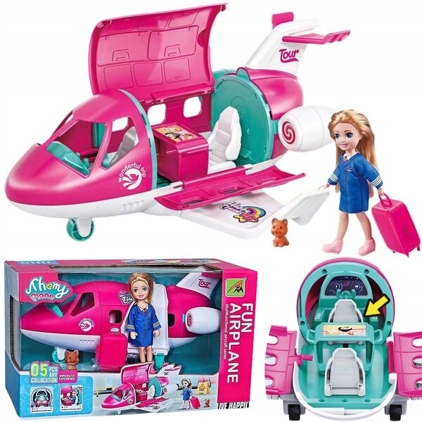 Samolot Odrzutowy Spielzeug mit Pilotenpuppe, Koffer und Kätzchen für Kinder