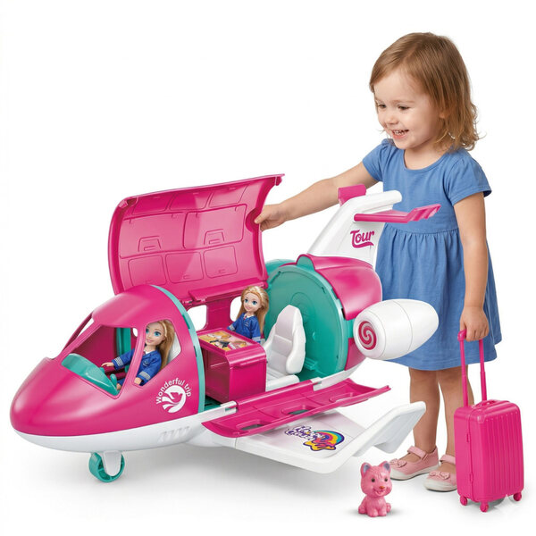 Samolot Odrzutowy Spielzeug mit Pilotenpuppe, Koffer und Kätzchen für Kinder