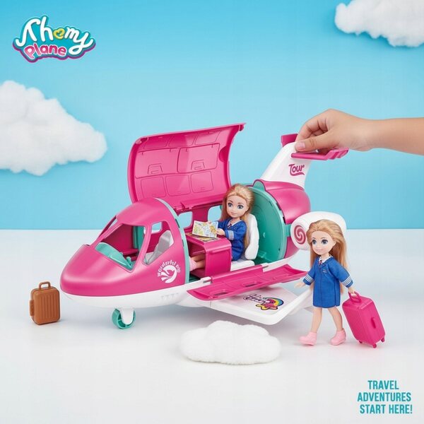 Samolot Odrzutowy Spielzeug mit Pilotenpuppe, Koffer und Kätzchen für Kinder