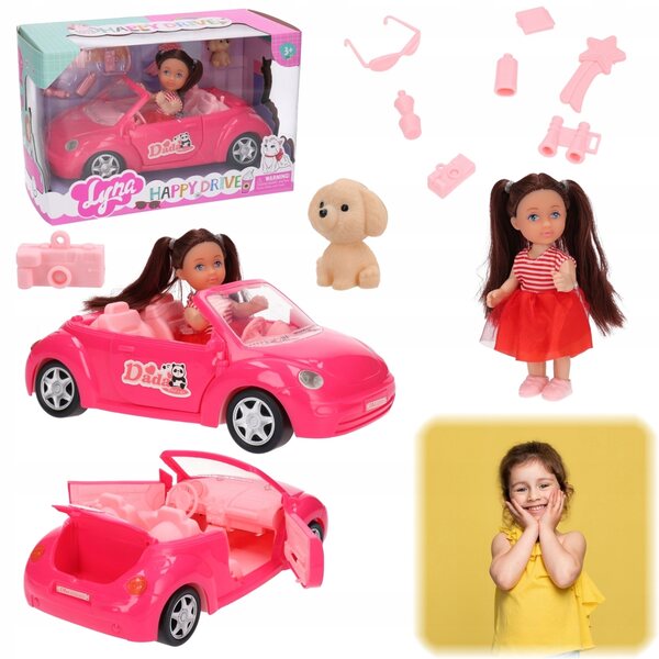 Mini bambola con auto rosa e cagnolino per avventure di gioco creative