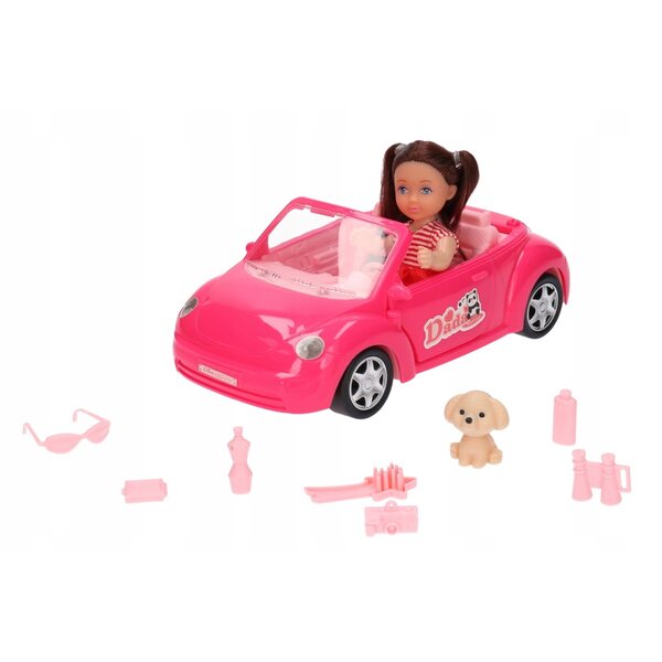 Mini bambola con auto rosa e cagnolino per avventure di gioco creative