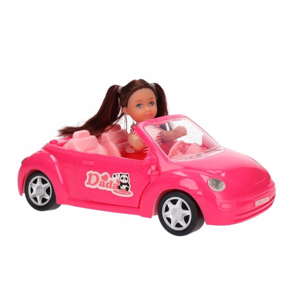 Mini bambola con auto rosa e cagnolino per avventure di gioco creative