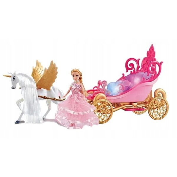 Set bambola con carrozza e cavallo bianco con luci e suoni per bambini 3+