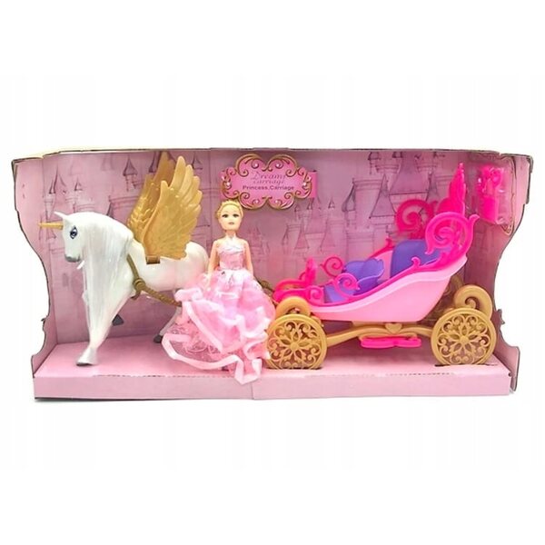 Set bambola con carrozza e cavallo bianco con luci e suoni per bambini 3+