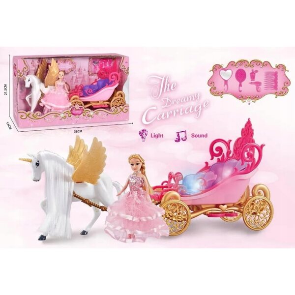 Set bambola con carrozza e cavallo bianco con luci e suoni per bambini 3+