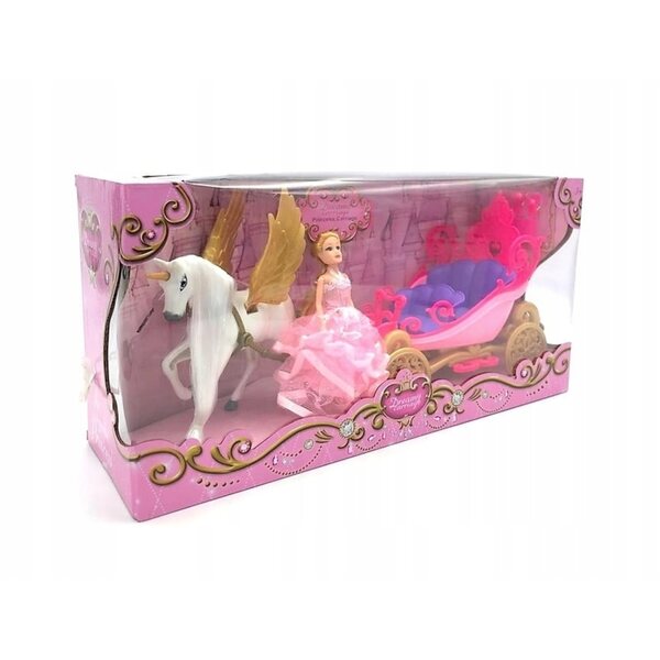 Set bambola con carrozza e cavallo bianco con luci e suoni per bambini 3+