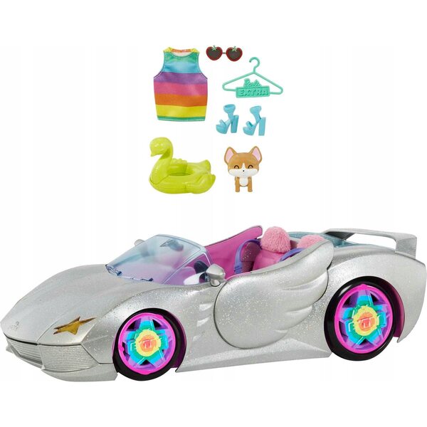 Barbie Extra Cabrio-Auto mit einzigartigen Details und Puppenzubehör
