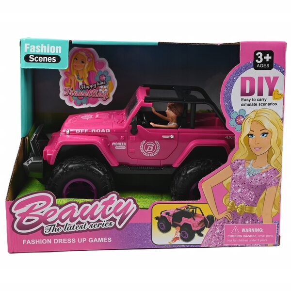Rosafarbenes Puppenauto mit Geländewagen und Minipuppe für Abenteuer