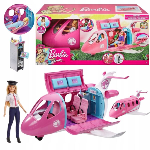 Großes Barbie-Flugzeug für Puppen mit Zubehör und 15-teiligem Set