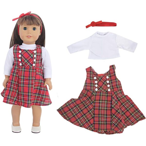 18-Zoll-Puppenkleidung, 3-teiliges Set, kariertes Kleid mit Stirnband und lässigen Accessoires