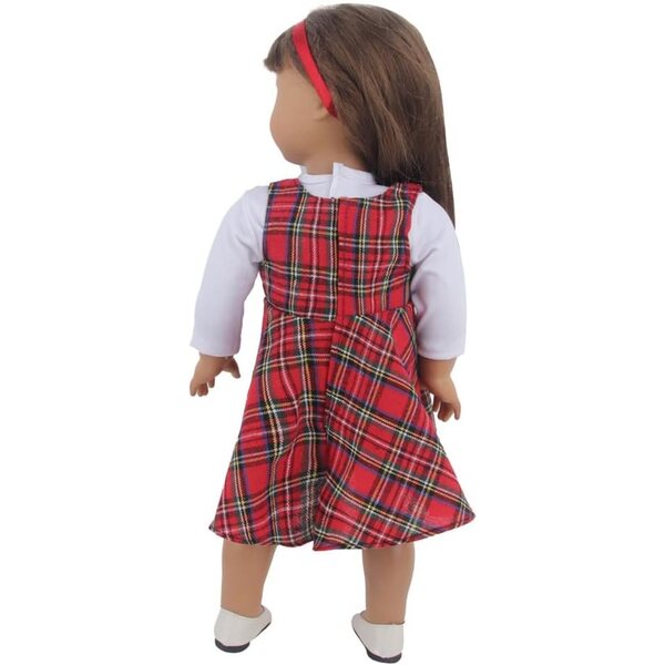 18-Zoll-Puppenkleidung, 3-teiliges Set, kariertes Kleid mit Stirnband und lässigen Accessoires
