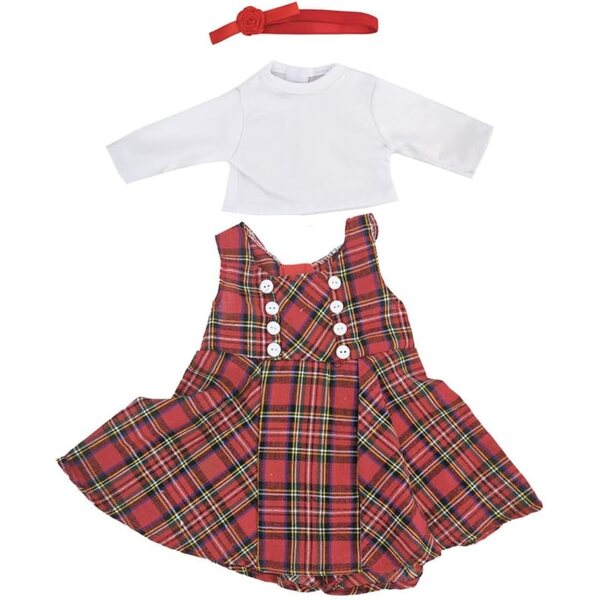 18-Zoll-Puppenkleidung, 3-teiliges Set, kariertes Kleid mit Stirnband und lässigen Accessoires