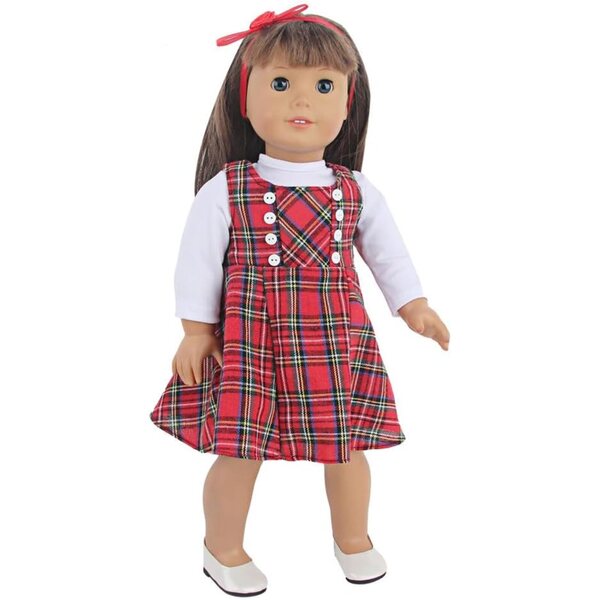 18-Zoll-Puppenkleidung, 3-teiliges Set, kariertes Kleid mit Stirnband und lässigen Accessoires