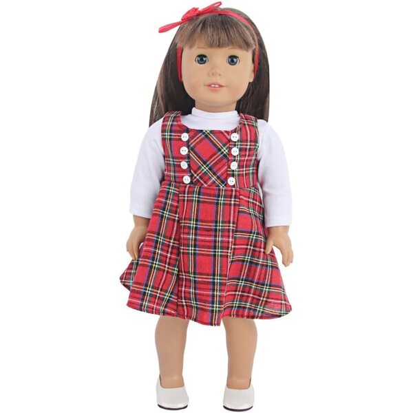 18-Zoll-Puppenkleidung, 3-teiliges Set, kariertes Kleid mit Stirnband und lässigen Accessoires