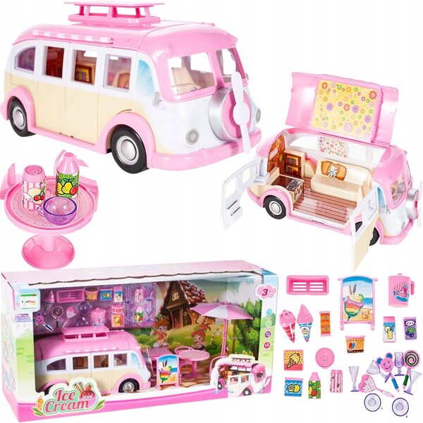 Ein Wohnmobil für Puppen, eine rosa Eisdiele, ein Auto mit 2-in-1-Zubehör für Kinder