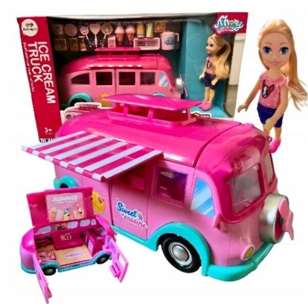 Kamper Food Truck 2 in 1 mit Puppe und 15 Zubehörteilen für kreatives Spielen