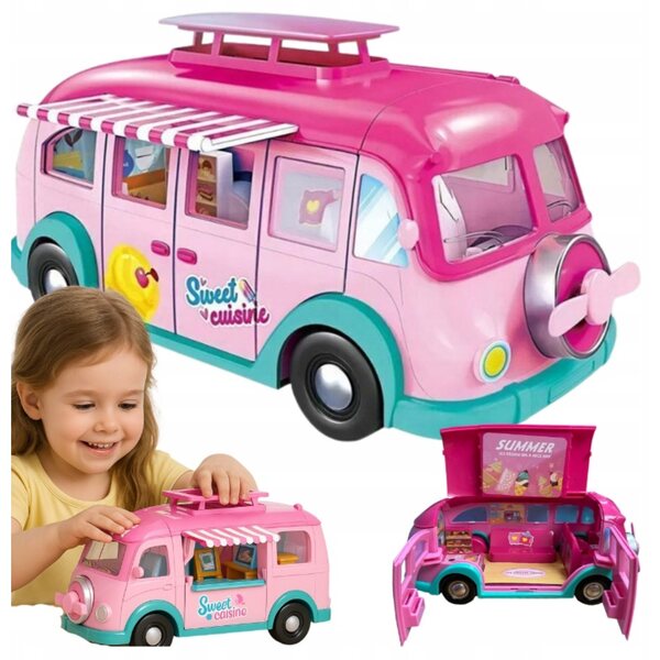 Kamper Food Truck 2 in 1 mit Puppe und 15 Zubehörteilen für kreatives Spielen