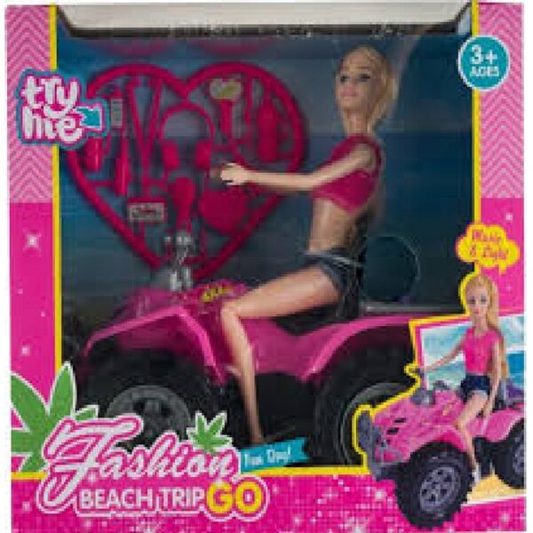 Bambola con quad da spiaggia QBI con effetti sonori e luci, set bambino 3+