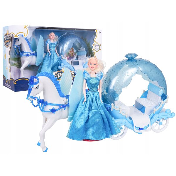 Set Pferd mit Kutsche und Puppe im Ballkleid mit beweglichen Flügeln