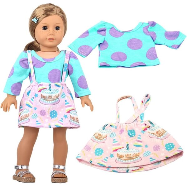 Kleidung für 18-Zoll-Puppen – 2-teiliges Set, blaues Oberteil und Rock mit Kuchenmuster