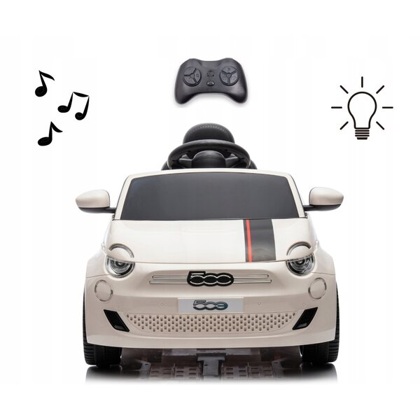 Weißes Kinder-Elektroauto Fiat 500e mit Bluetooth und Fernbedienung