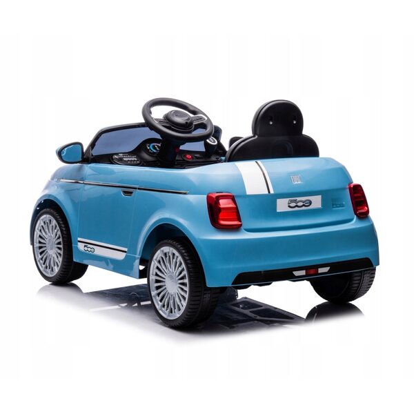 Blaues Elektroauto Fiat 500e für Kinder mit Fernbedienung und Milly-Mally-Musik