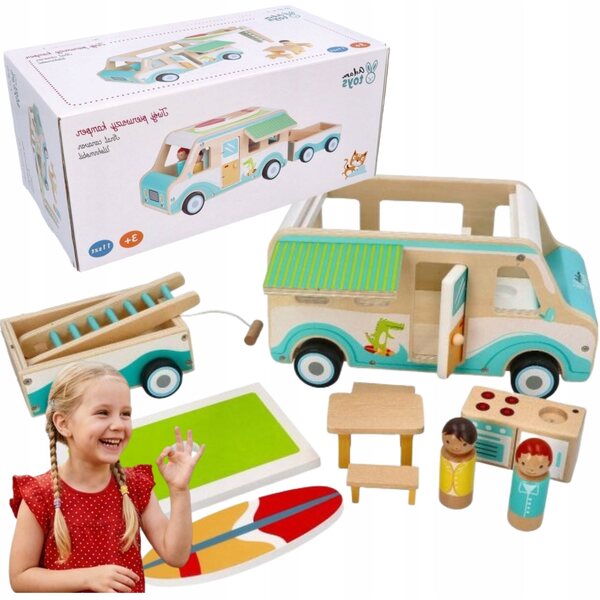 Holzcamper für Puppen mit Anhänger und 11 Zubehörteilen – Öko-Spielzeug 3+